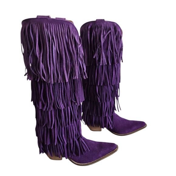Dingo Women's Size 8 Purple Wild Child Tall Suede Leather Fringe Heeled Boots - Picture 1 of 7